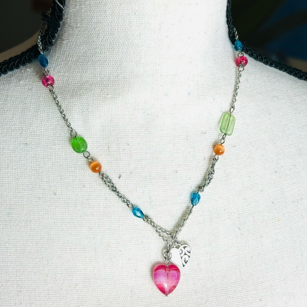 Brighton Deco Bright Necklace Colorful Beaded Heart Pendants Silver Plated 18" - Picture 2 of 9